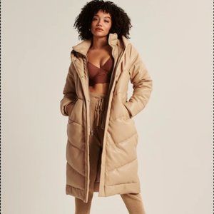 ISO Abercrombie and Fitch Vegan Leather Ultra Long Puffer in Camel